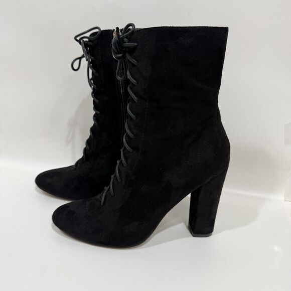 X2B Booties Woman 7 Lace Black Lace Up Block Heel Side Zipper Faux Suede - Picture 4 of 16